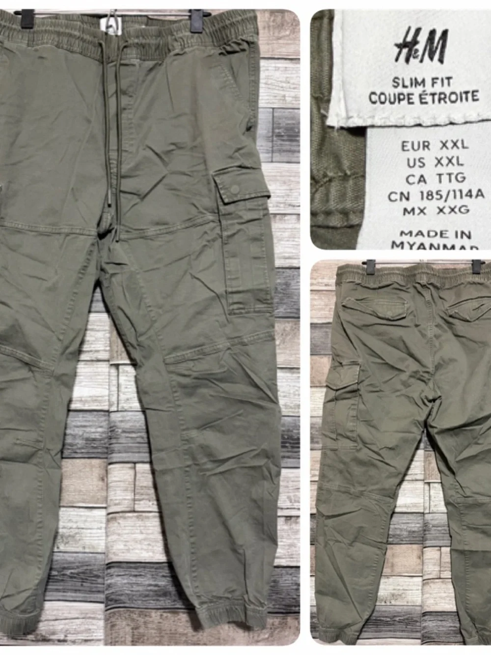 H&M Slim Fit Cargo Joggers Men’s XXL Green Tapered Drawstring (Inseam 28)